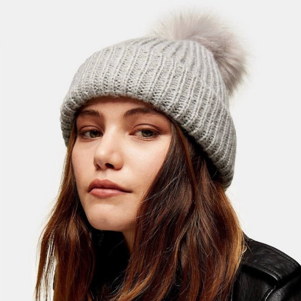 Topshop Bobble Beanie Faux Fur Pom Pom Gray-grey